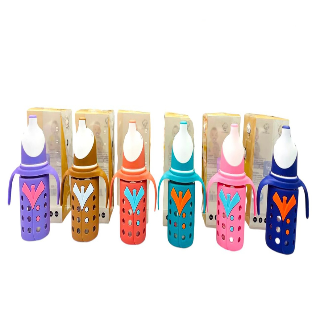 Baby Glass Feeder with Silicone Cover – 120ml, Multi-Color