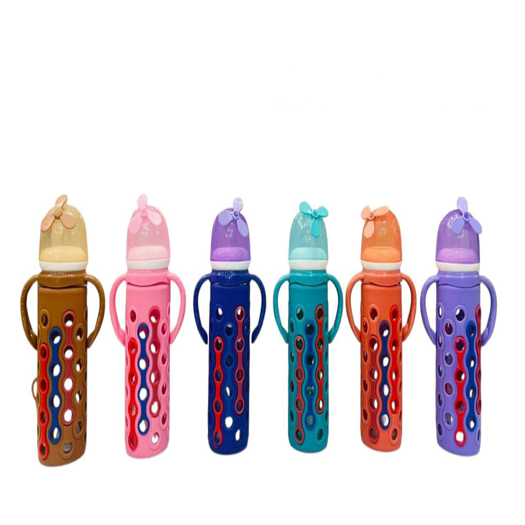 Baby Glass Feeder – Imported with Multi-Color Silicone Cover, 240ml