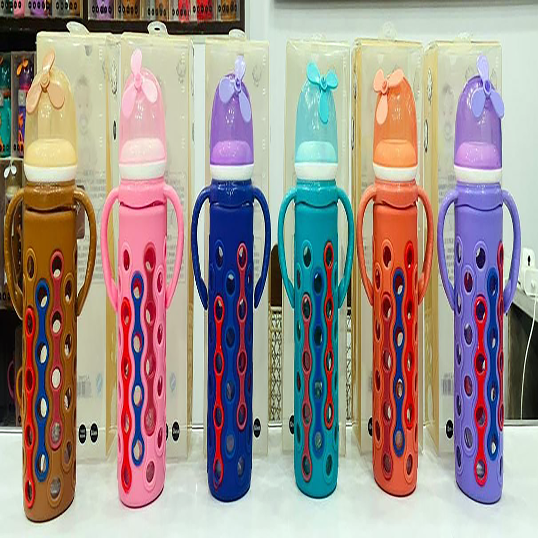 Baby Glass Feeder – Imported with Multi-Color Silicone Cover, 240ml