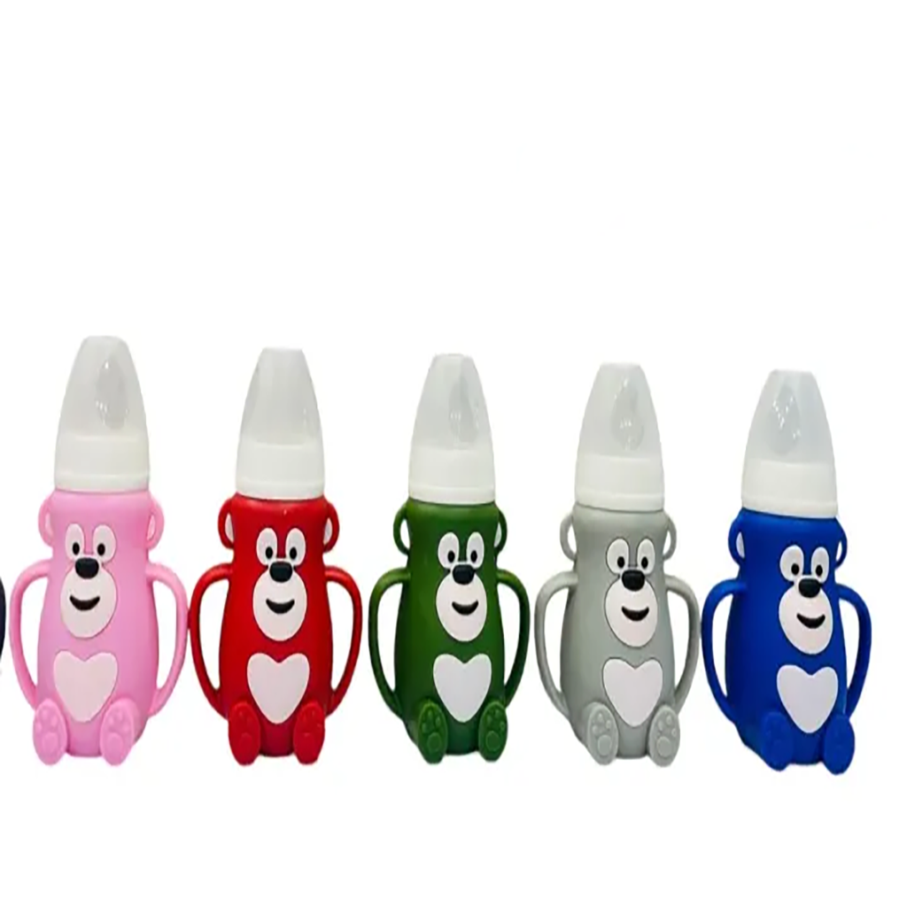 Bear-Shaped Baby Glass Feeder with Protective Silicone Sleeve