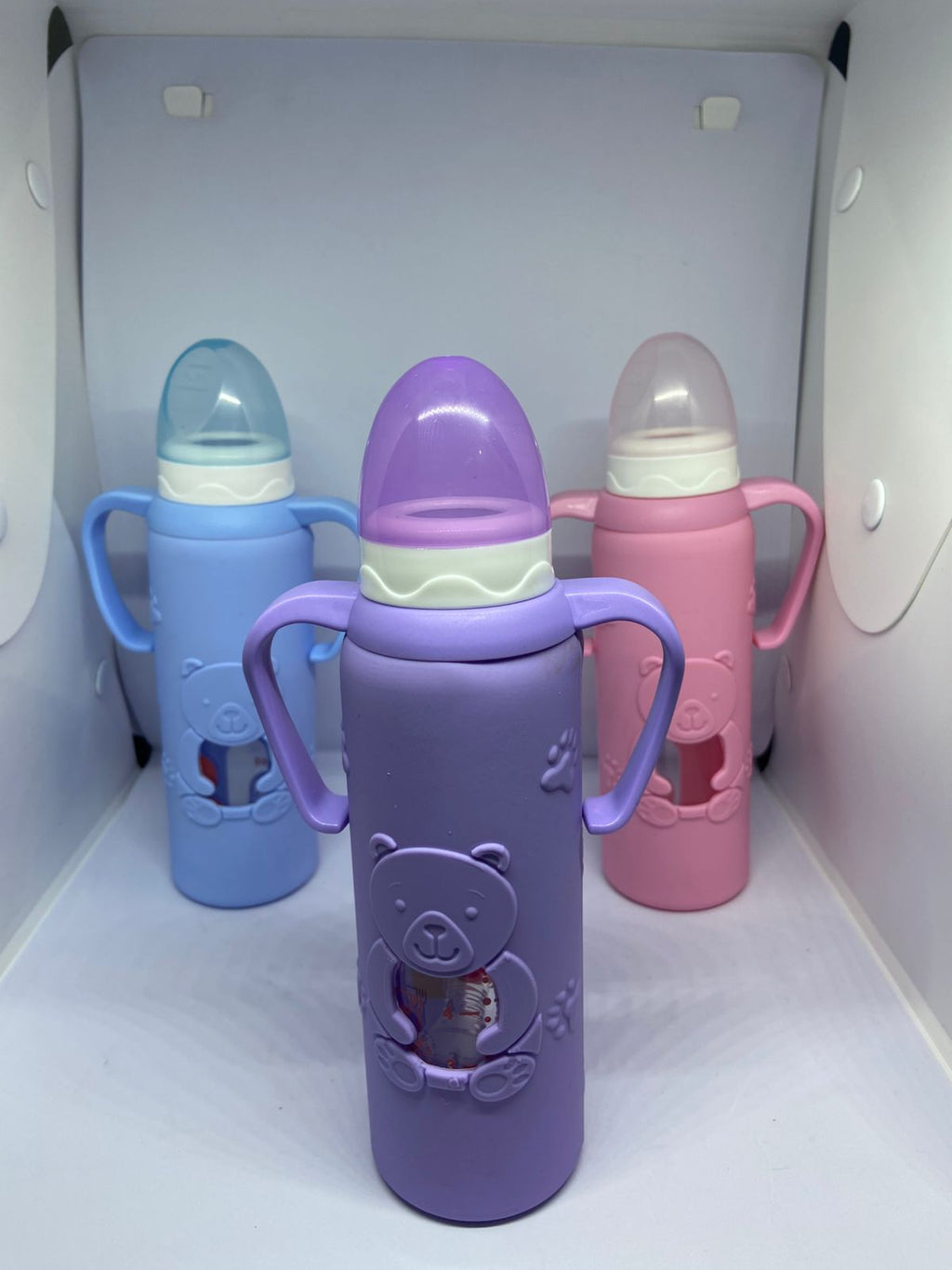 Imported Baby Glass Feeding Bottle with Bear Silicone Cover