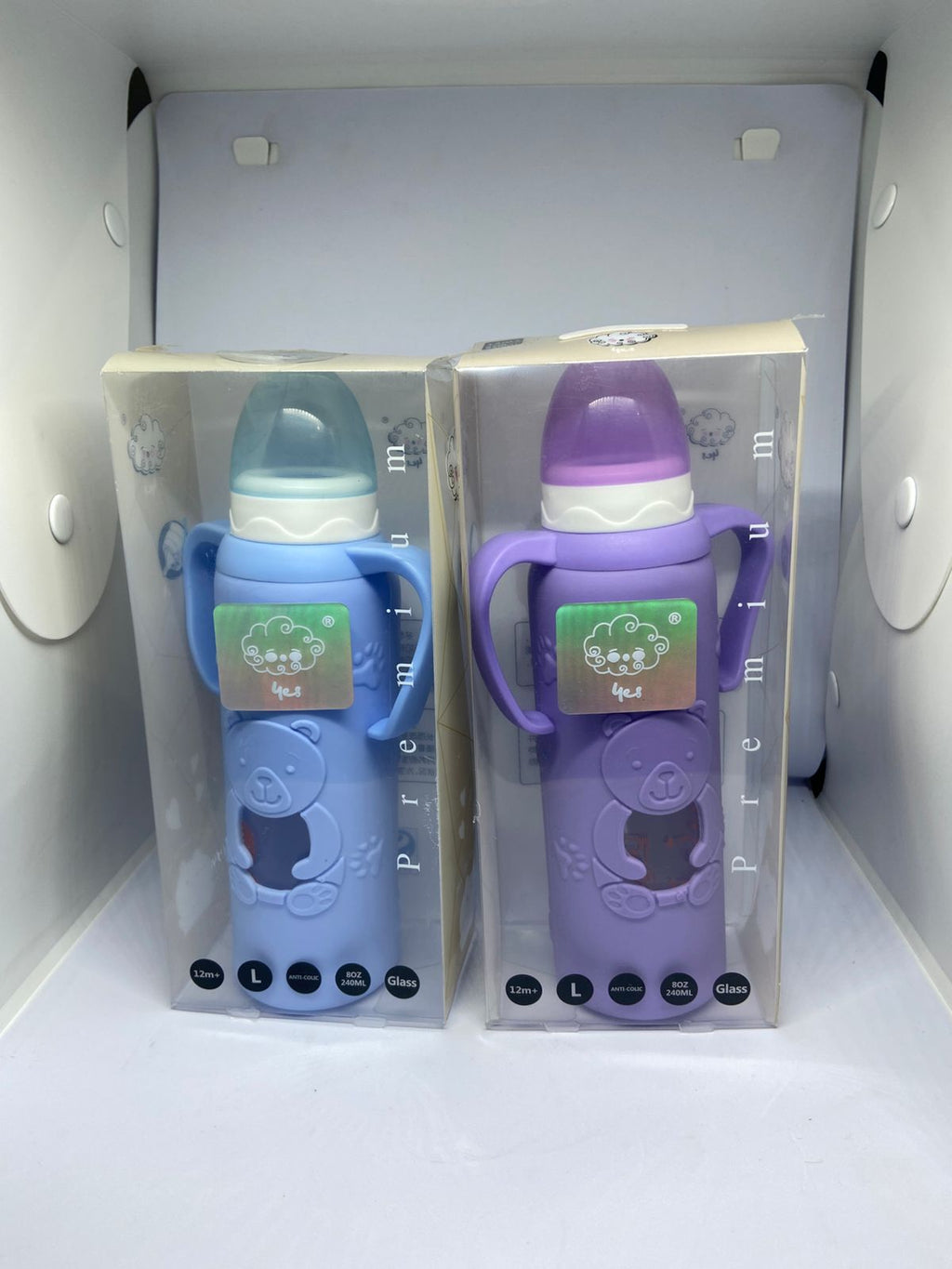 Imported Baby Glass Feeding Bottle with Bear Silicone Cover