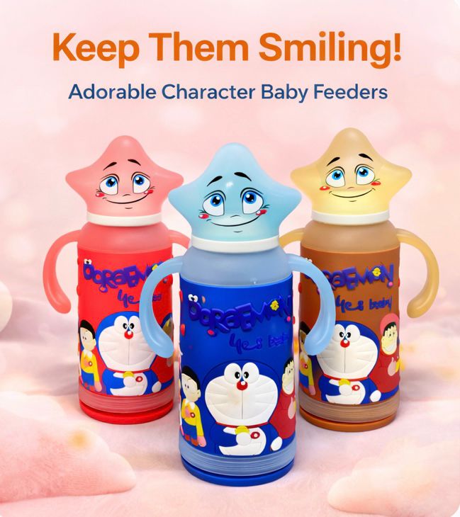 Baby Glass Feeder 180ml with Doraemon Silicone Cover